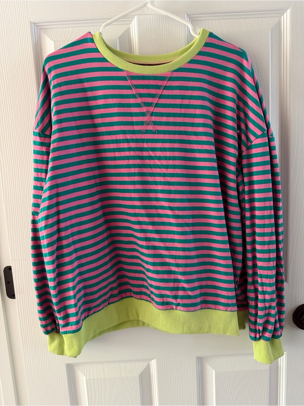 FP Dupe Striped Crewneck Sweatshirt - Pink & Teal with Lime Trim, Women’s Small